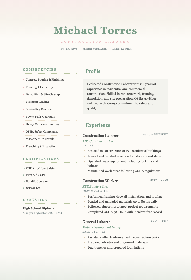 Watercolor Soft construction laborer resume